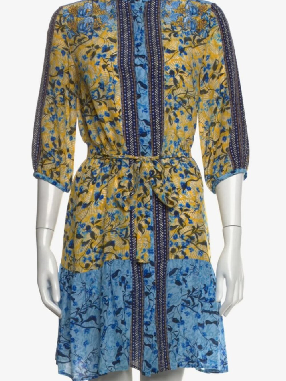 SALONI Blue Floral Silk Belted Dress Size 2